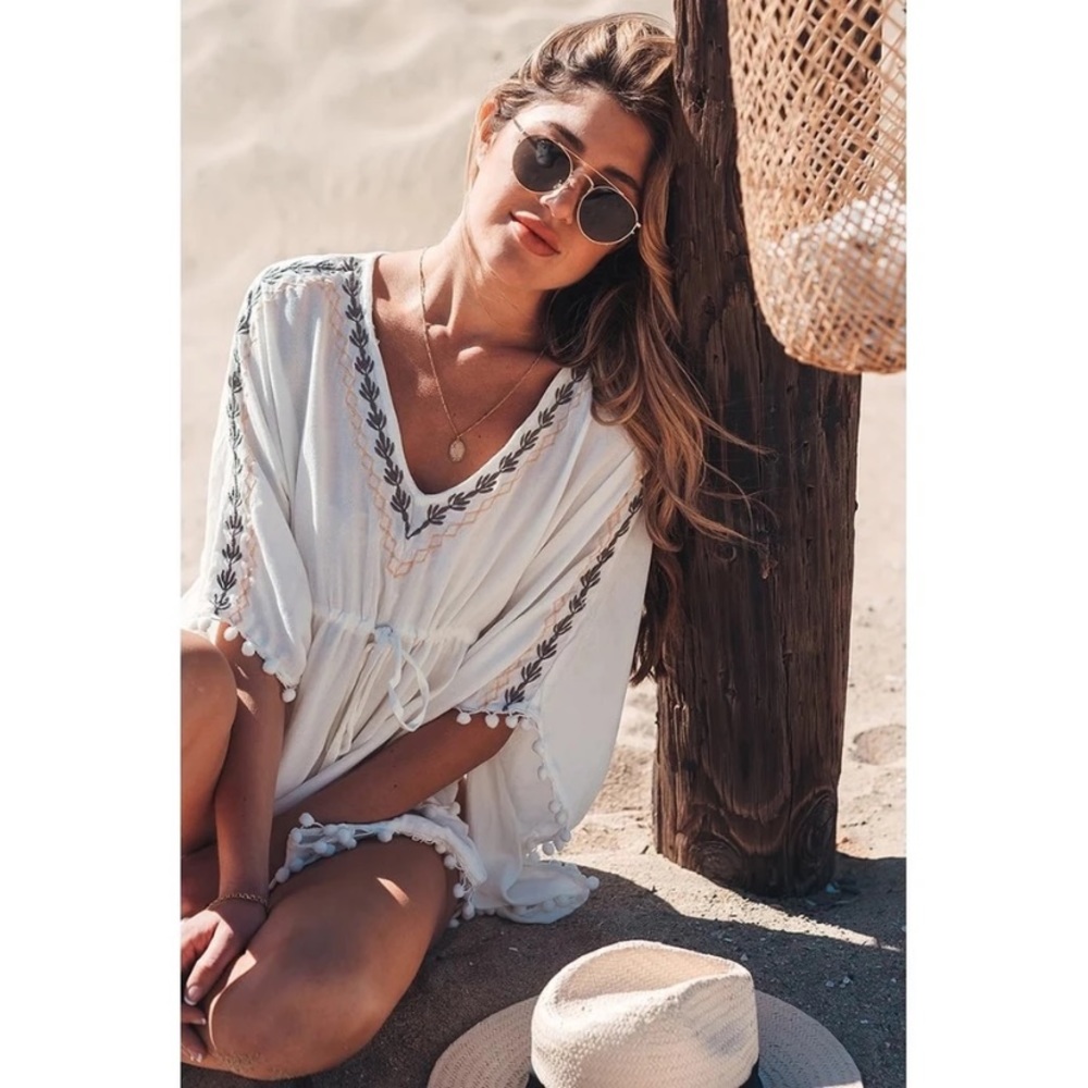 White Chiffon Embroidered Pompom Trim Swim Coverup - Picture 2 of 6